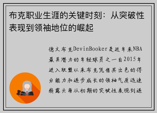 布克职业生涯的关键时刻:从突破性表现到领袖地位的崛起 布克职业生涯的关键时刻:从突破性表现到领袖地位的崛起